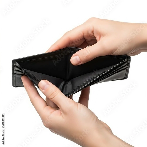 Obraz An empty black leather wallet being held open by two hands, symbolizing financial difficulty and lack of money