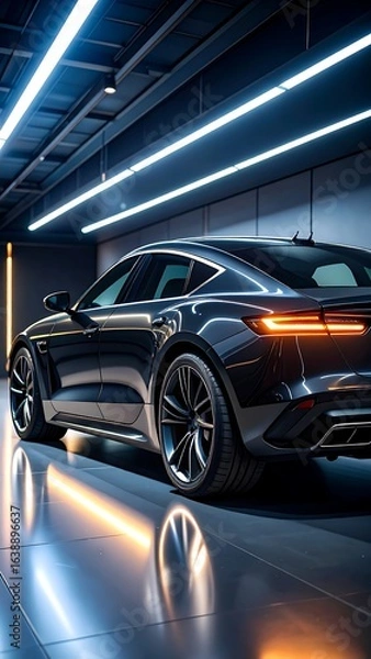 Obraz Sleek, dark-colored luxury sedan in a modern garage, reflecting brightly lit floor