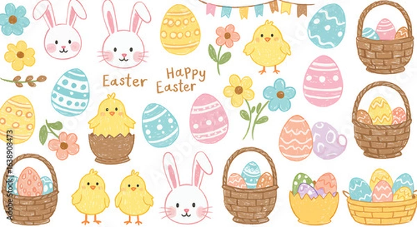 Fototapeta Cheerful Easter-themed illustration featuring bunnies, chicks, decorated eggs, flowers, and baskets, arranged in a festive composition.