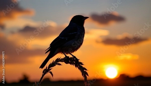 Obraz Serene Sunset with Bird Silhouette Grain