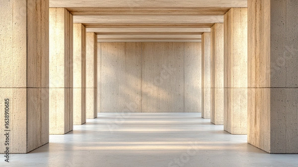 Fototapeta Modern concrete architecture features spacious interior with vertical columns and soft lighting