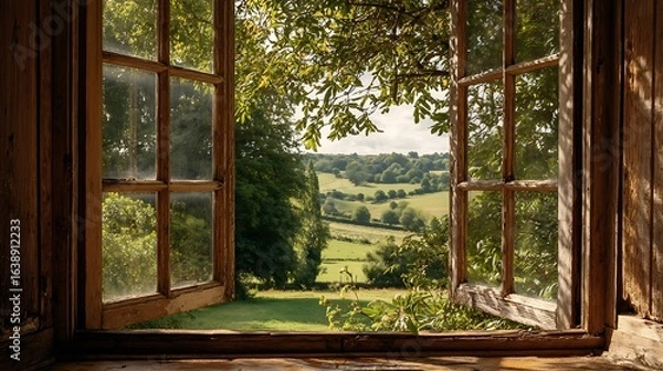Fototapeta Open Window View of Green Field and Trees on Summer Day