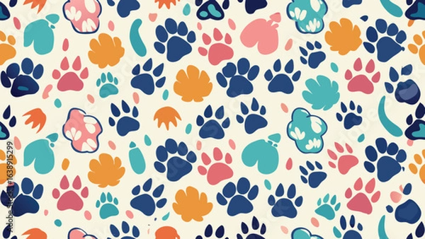 Fototapeta Seamless pattern of colorful dog paw prints and abstract shapes on cream background
