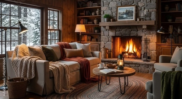 Fototapeta Cozy cabin living room with roaring fireplace, comfortable sofa, and warm lighting creates a hygge atmosphere.