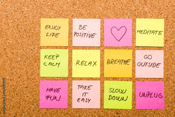 Fototapeta slow down, relax, take it easy, keep calm and other motivational lifestyle reminders on colorful sticky notes