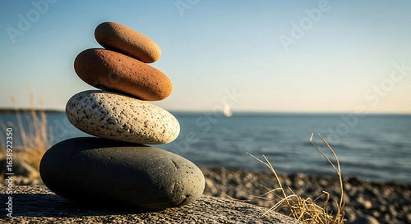 Fototapeta Zen stones balanced in a stack on a rocky shore with the ocean and a golden sunset in the background