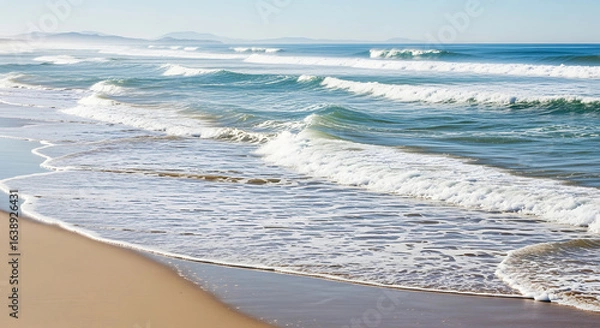 Fototapeta A serene ocean landscape on a beautiful August day with gentle waves washing ashore on a sandy beach.