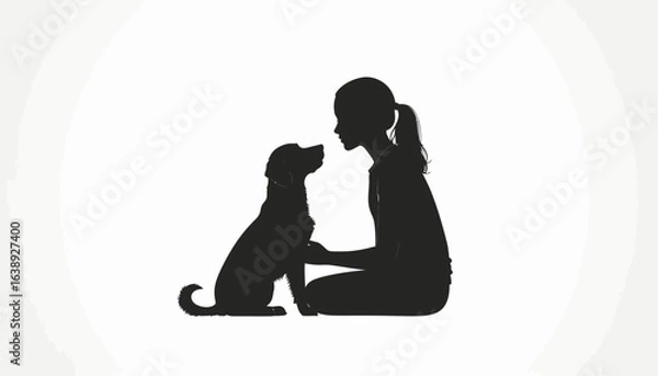 Obraz Silhouette of a girl kneeling and facing a dog, showing affection and companionship.
