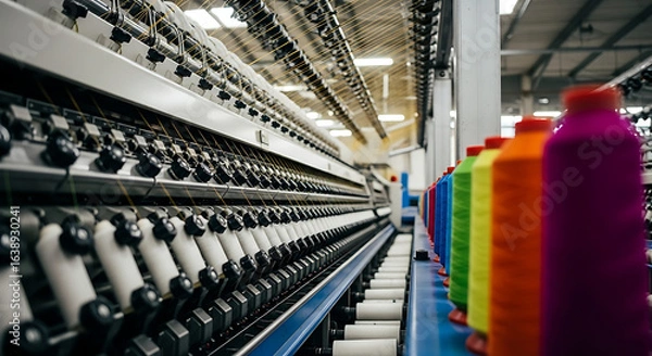 Fototapeta Vibrant spools of thread on automated spinning machinery in a large textile factory. Industrial production line concept.