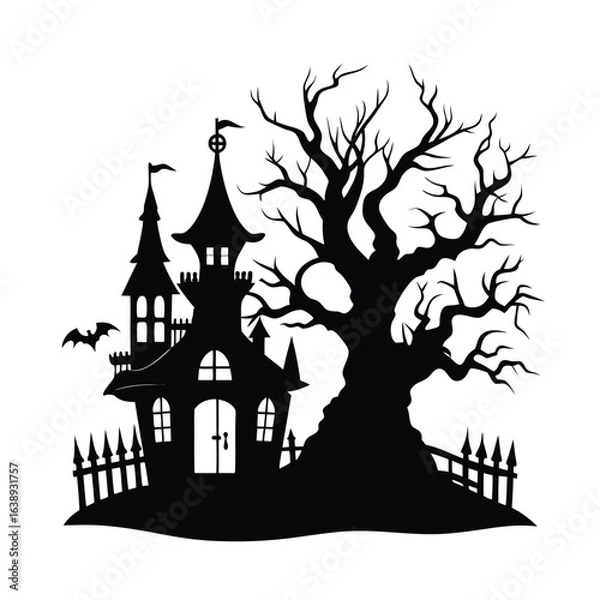Fototapeta Black silhouette of a haunted house with a bare tree and bat halloween