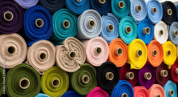 Fototapeta Colorful rolls of cloth and textile materials stacked in a haberdashery. A vibrant background of fabric bolts for sewing and design.