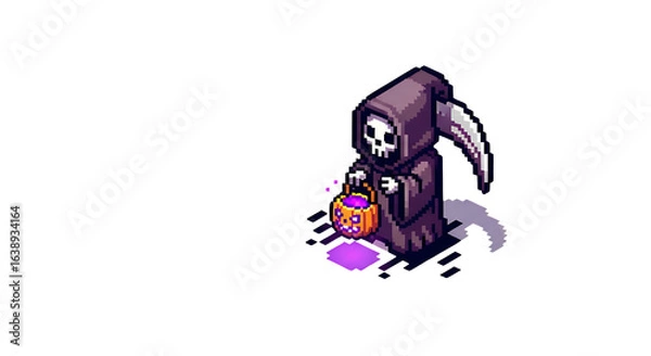 Fototapeta Pixel Art Grim Reaper Holding Halloween Pumpkin Lantern on Transparent Background