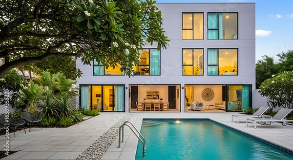 Fototapeta Luxurious modern villa with an illuminated swimming pool and an open patio, showcasing contemporary architecture at dusk.