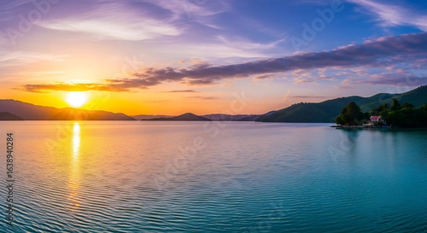 Fototapeta Serene landscape of a colorful sunset over a vast lake, with the sun's reflection on the calm water and mountains on the horizon.