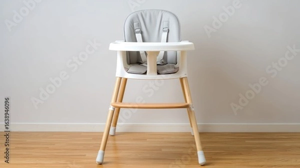 Fototapeta A white high chair with a grey cushion and wooden legs against a white wall.