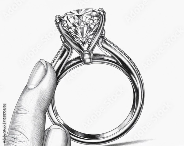 Fototapeta An elegant silver ring with a single large center diamond, held by the finger. A classic design that emphasizes luxury and elegance.
