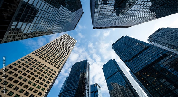 Fototapeta Upward view of futuristic skyscrapers in a modern city financial district, representing business ambition and future progress.