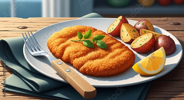 Fototapeta A delicious homemade schnitzel with roasted potatoes and a wedge of lemon, served on a rustic wooden table.