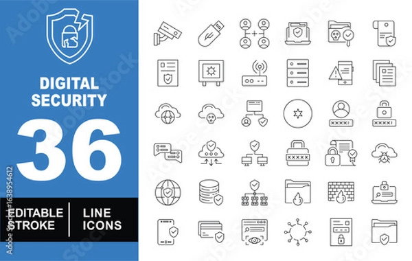 Fototapeta Digital security set of web icons in line style. Exclusive digital security linear icon collection. Containing camera, USB, cloud, password, file, database, firewall and more. Editable stroke. vector