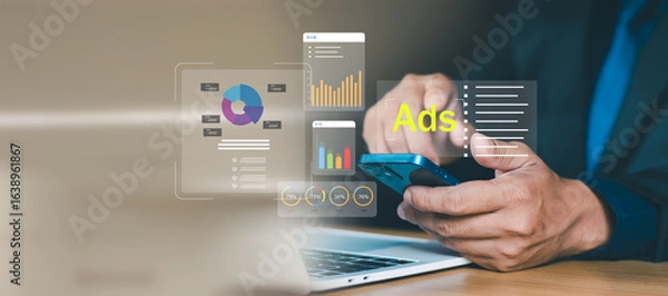 Fototapeta digital advertising and marketing analytics showcasing a businessman using a smartphone while analyzing online campaign data Virtual data charts graphs and infographics are displayed in a futuristic 