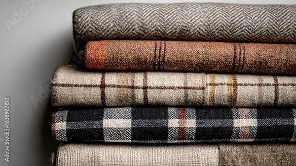 Fototapeta Flat lay of seasonal textiles: herringbone napkins, plaid runners, and linen tablecloths on a neutral background