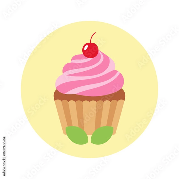 Fototapeta Pink frosted cupcake with cherry on top against yellow background.