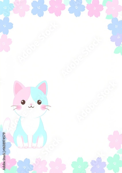 Obraz A4-sized paper templates with adorable cartoon cat designs. Each page features a different layout with soft pastel colors, cute illustrations of cats, and playful borders, perfect for children's