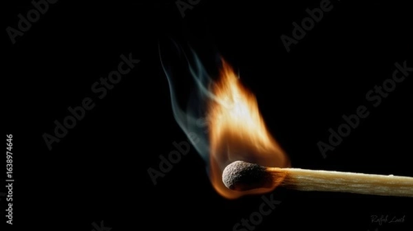 Fototapeta A match ignites, producing a vivid flame and smoke against a dark background, symbolizing fire and energy.