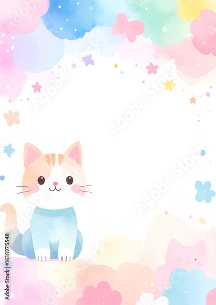 Obraz A4-sized paper templates with adorable cartoon cat designs. Each page features a different layout with soft pastel colors, cute illustrations of cats, and playful borders, perfect for children's