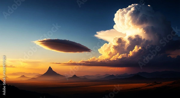 Obraz Majestic Sunset Over Vast Plains with Dramatic Clouds and Mountain Silhouettes