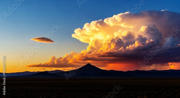 Obraz Majestic Sunset Over Vast Plains with Dramatic Clouds and Mountain Silhouettes