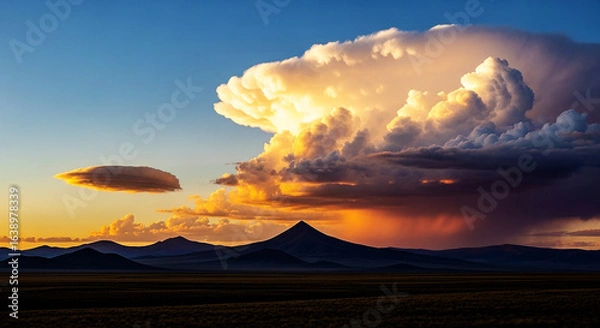 Obraz Majestic Sunset Over Vast Plains with Dramatic Clouds and Mountain Silhouettes