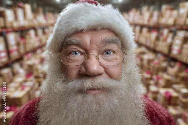 Fototapeta A man in a Santa hat and glasses is smiling at the camera