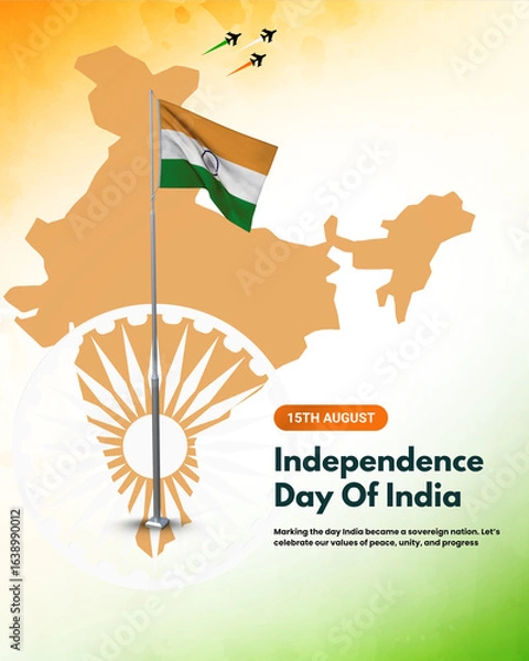 Fototapeta Indian Independence Day, 15th August 2025 image, Freedom Fighters Marketing image, 79th Independence day, India Map Flag and cloud background, 15th august stock image