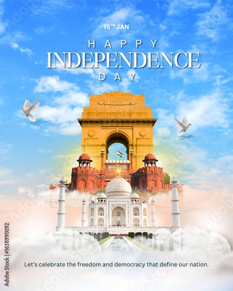 Fototapeta Happy Independence Day, 15th August Ready Image, 15th august image with India monuments with cloud background, 79th independence day