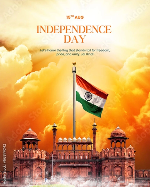 Fototapeta Happy Independence Day, 15th August Image with cloud background and Evening view with Tiranga Flag on Delhi lal Qila 79th Independence Day 