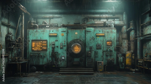 Fototapeta Corroded factory machines in dim industrial setting