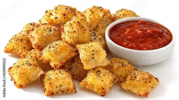 Fototapeta Golden fried ravioli bites served with a bowl of rich, red tomato dipping sauce