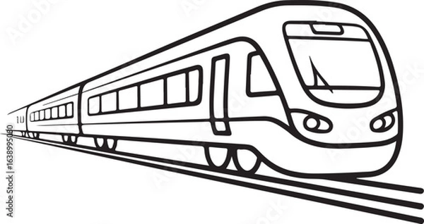 Fototapeta Side View Train and Railway Icon – Outline Vector of Passenger Train on Tracks – Travel and Transit Symbol