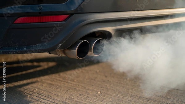 Fototapeta Black car exhaust pipes emitting white smoke emission