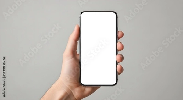 Fototapeta Man's Hand Holding a Modern Smartphone with Blank White Screen for Mockup on a Gray Background
