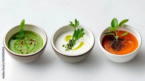 Fototapeta Three bowls of savory sauces elegantly garnished with fresh herbs, each showcasing a different color and texture against a clean white background.