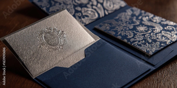 Fototapeta Elegant silver and navy blue invitation with intricate embossed floral patterns, showcasing luxury and sophistication. design features textured finish, perfect for formal events