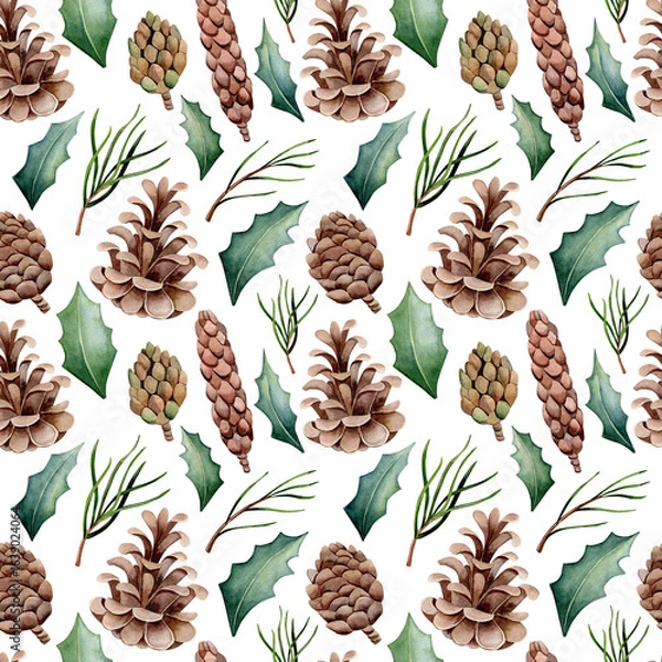 Fototapeta Seamless watercolor pattern. Botanical drawing. Hand drawn different types of cones, holly isolated on white background. Design for printing on fabric.