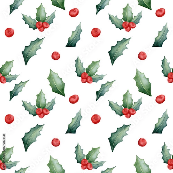 Fototapeta Seamless watercolor pattern. Botanical drawing. Hand drawn holly leaves and berries isolated on white background. Design for printing on fabric.