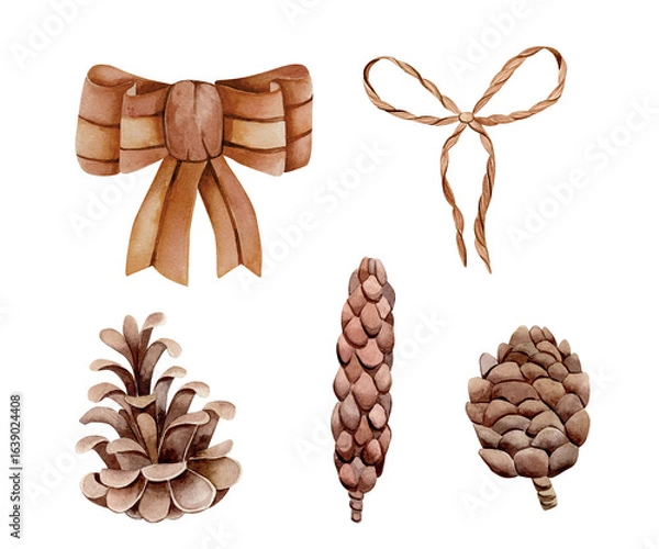 Fototapeta Set of watercolor illustrations in monochrome brown color. Hand drawn different types of cones, ribbon bows and rope isolated on white background. Set of Christmas elements, botanical theme.