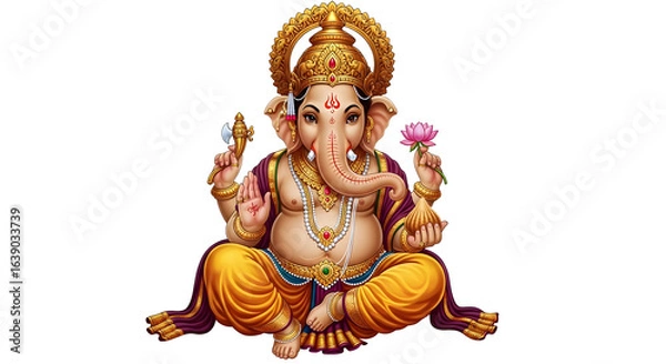 Obraz Ganesha the Hindu God of Beginnings and Remover of Obstacles, Hindu God Ganesha Seated in Lotus Position with Axe and Lotus Flower