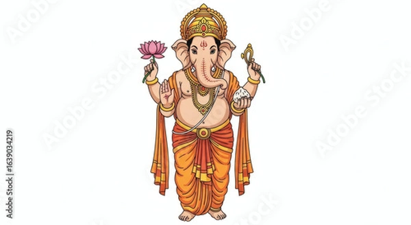 Fototapeta Illustration of Lord Ganesha Holding a Lotus Flower and Modak, Depiction of an Hindu God Ganesha in Traditional Attire and Symbolic Items