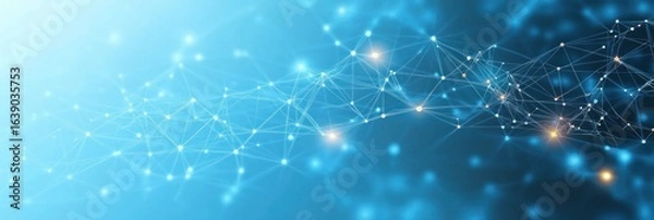 Fototapeta Blue abstract network with glowing interconnected nodes and lines representing digital connections and data flow on a gradient background