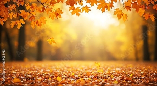 Obraz A magical golden autumn landscape with bright, dreamy bokeh lights and branches of colorful leaves overhead.


